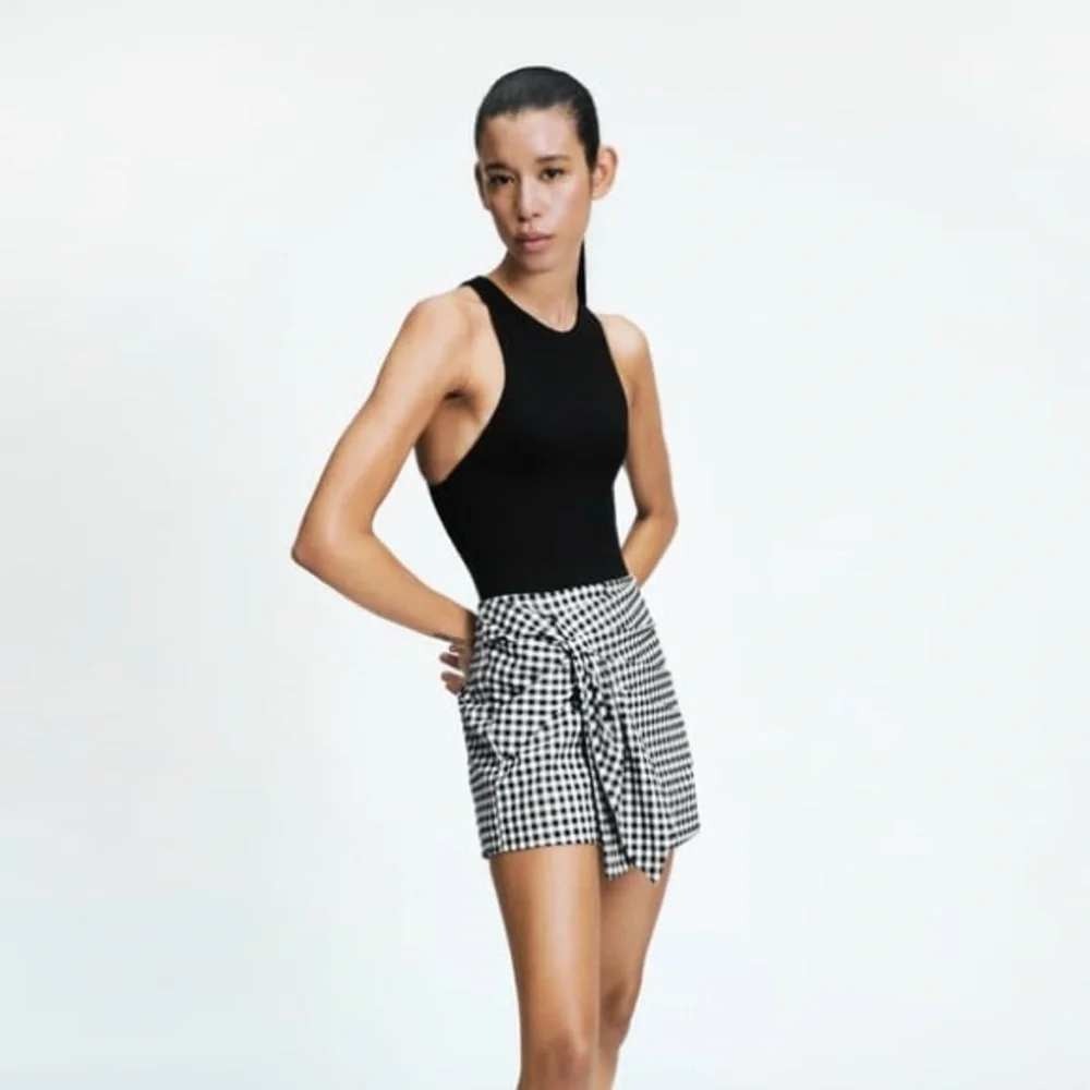 Zara Womens Black White Gingham Checkered Wrap Front Side Tie Skort XS
